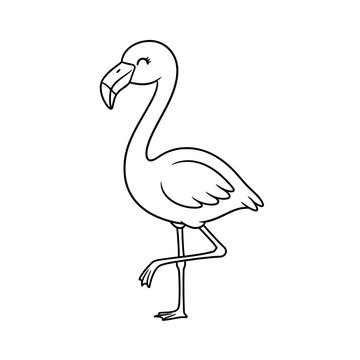 Cute flamingo cartoon drawing, standing on one leg, simple line art, white background