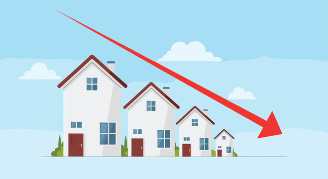 Real estate market decline concept featuring a row of houses with a large red arrow pointing downwards against a blue sky.