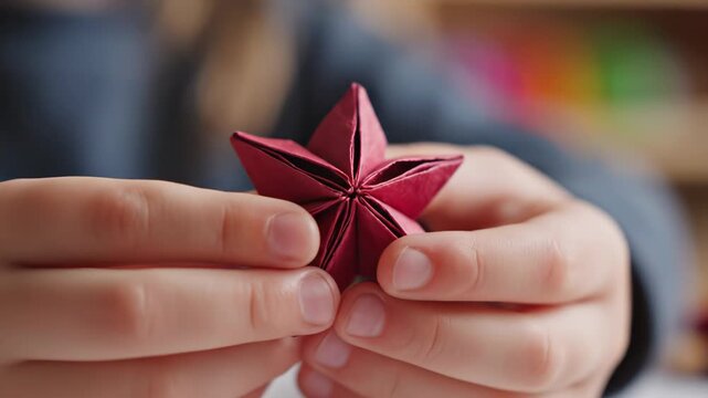 Child's hands carefully shaping a red origami star, showcasing intricate folds and details, with colorful paper background elements enhancing the creative atmosphere