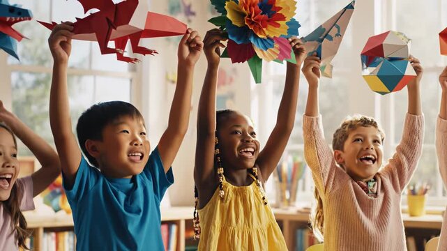 Group of diverse children joyfully showcasing colorful paper crafts, including flowers, dragons, and airplanes, in a bright classroom filled with art supplies and decorations