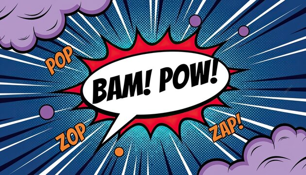 Dynamic comic book explosion with bam pow zap pop sound effect words radiating lines purple clouds and vibrant halftone dots illustrating action impact and creative ideas