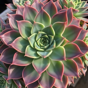 Close up view of vibrant green and red echeveria succulent plant leaves in natural sunlight