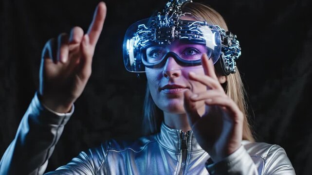 Woman wearing a futuristic cybernetic headgear interacting with invisible digital interfaces in a dark studio setting