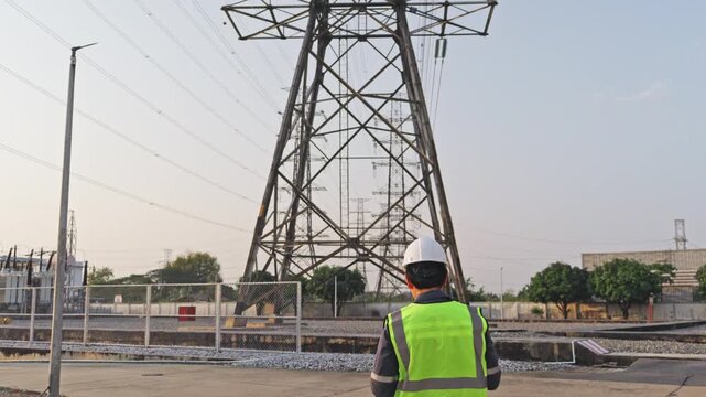 Power line electric transmission tower utility worker safety vest and hard hat at electrical substation, high voltage power grid maintenance scene