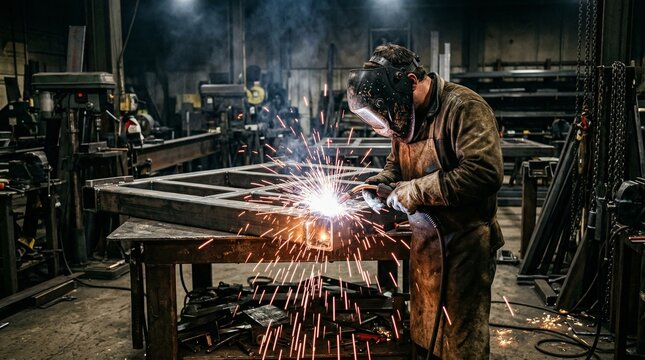 Man working in a fabrication shop with sparks flying.