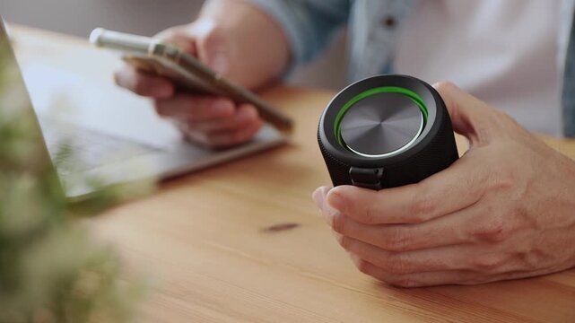 Smart Speaker Virtual Assistant or Artificial Intelligence Concept by Connecting Smart Phone with Smart Speaker in Office