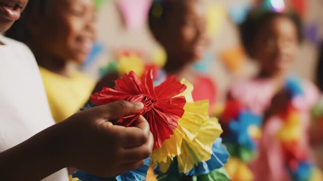 African American children engaged in crafting colorful paper pom-poms, showcasing vibrant decorations in a festive indoor setting with cheerful expressions and bright colors