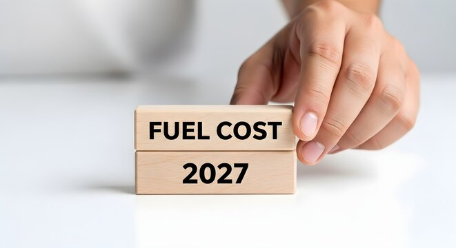 Hand gently pushing wooden blocks displaying fuel cost and the year 2027 on a white surface.