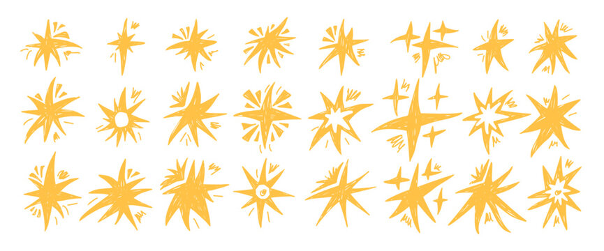 Pastel brush crayon stars falling. Yellow crayon twinkles spark set. Pencil brush scribble magic twinkles collection. Kids stardust sticker blinks. Christmas decoration. Vector asterisk no bg.
