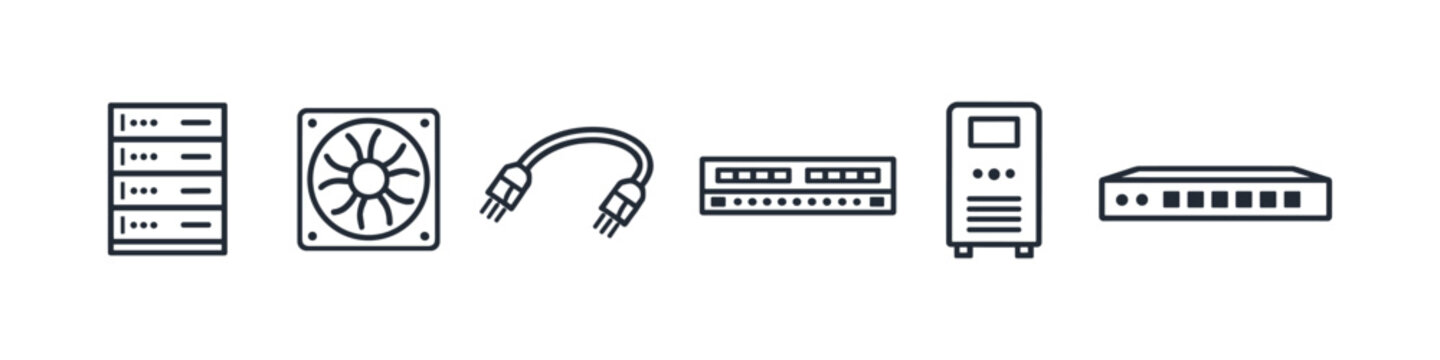 Collection of computer hardware icons including servers, fan, cables, and network devices