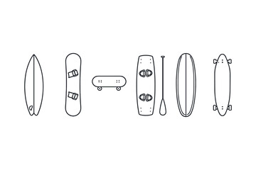 Fototapeta premium Collection of water and land sports boards and paddle in a clean line art style