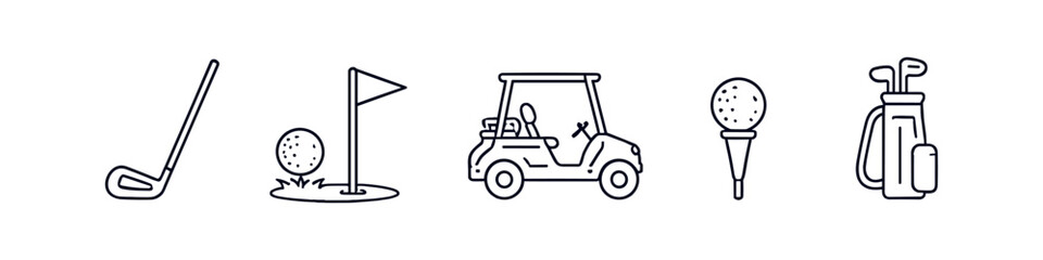 Fototapeta premium Collection of golf icons including a club, ball, flag, cart, and bag