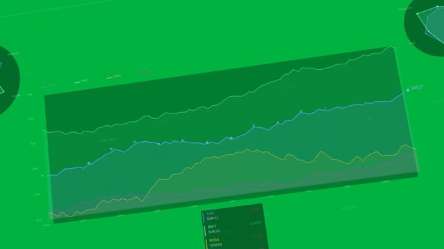 Data feed starting, stacked-area chart filling and rising, visualizing cumulative market growth