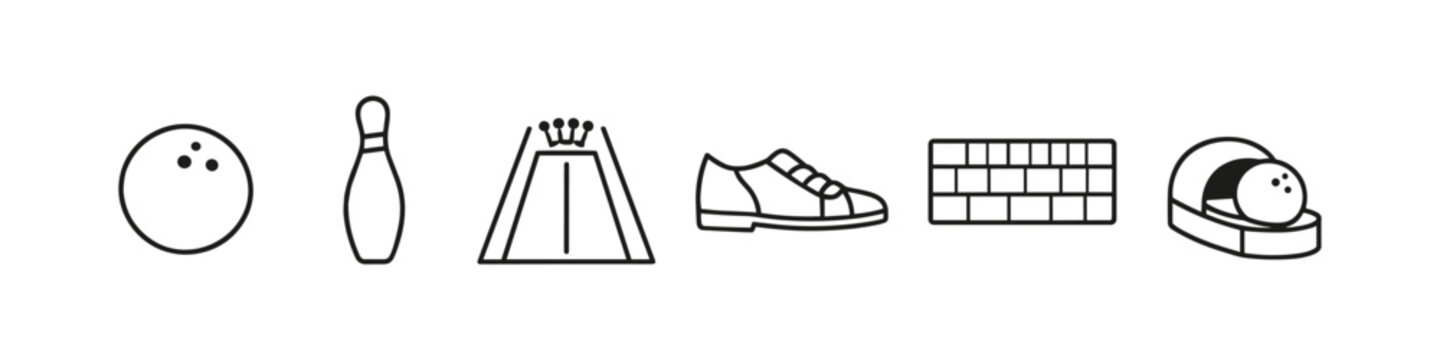 Collection of bowling icons representing game elements and equipment