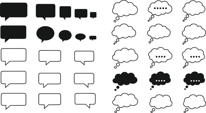 Collection of speech bubbles and thought clouds in solid and outline styles for comic strips, social media messaging icons, and digital interface design elements.