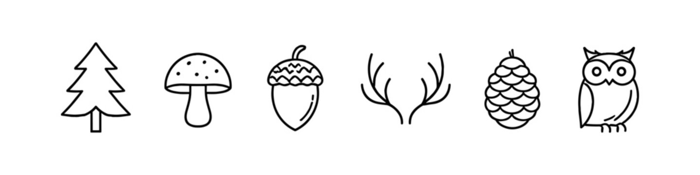Collection of simple line art icons representing forest elements and wildlife