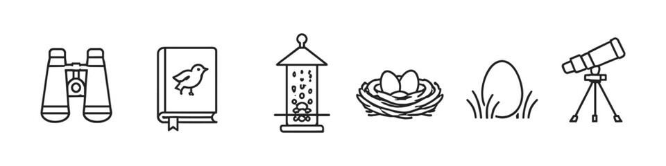 Fototapeta premium Collection of line art icons representing bird watching and nature observation activities