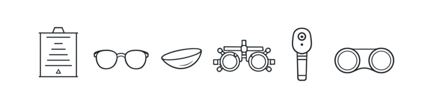 Collection of eye care and vision testing equipment icons