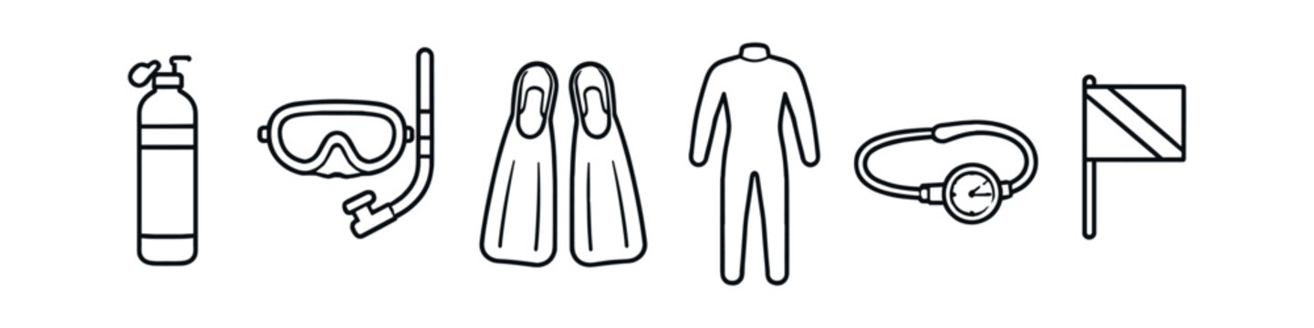 Collection of scuba diving equipment icons for underwater exploration and adventure