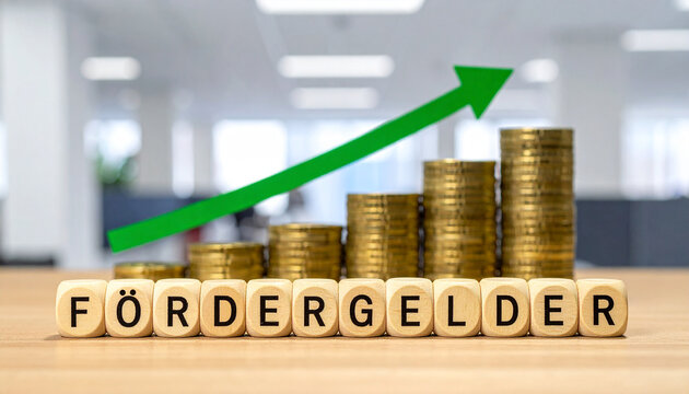 Holzklötze bilden das Wort "Fördergelder" auf Münzstapel , mit einen steigenden grünen Pfeil.