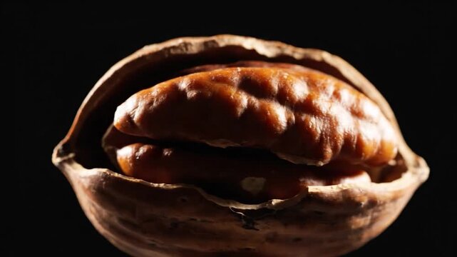 A single, cracked, textured nut with its kernel partially visible against a dark background, showcasing its natural form and detail