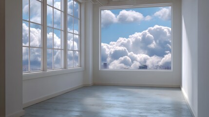 Fototapeta premium Minimalist interior room with large overlooking a dramatic sky filled with clouds and distant city buildings