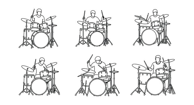 Six depictions of drummers playing their drum sets in a minimalist style