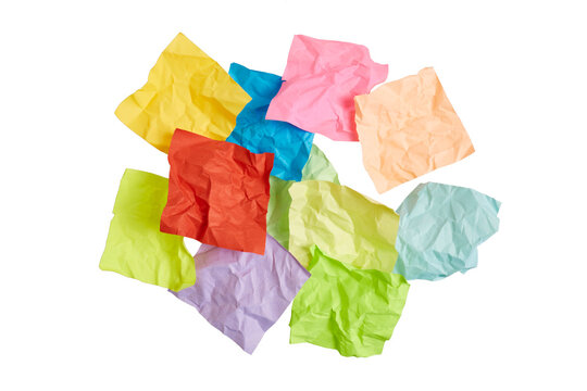 crumpled sticky notes papers in different colors isolated on white or transparent png