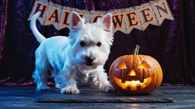 Adorable west highland white terrier dog playing with a glowing carved pumpkin in a festive halloween setting with a banner in the background
