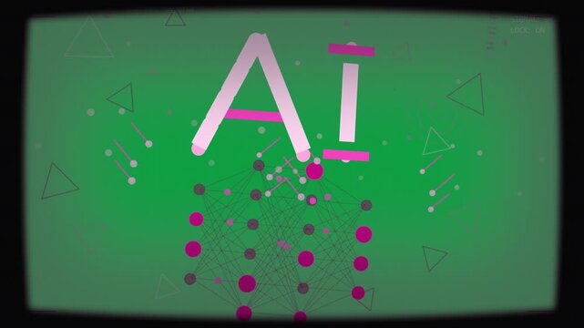 Stylized 'AI' letters appearing on vignette, firing magenta bars and nodes pulsing, revealing grid