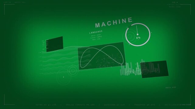 Floating MACHINE HUD animating crossing curves, scatter, 0% gauge, bar chart on transparent canvas