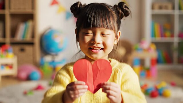 Young Asian girl with pigtails joyfully holds a red paper heart in a colorful playroom filled with toys and educational materials, showcasing her creativity and happiness