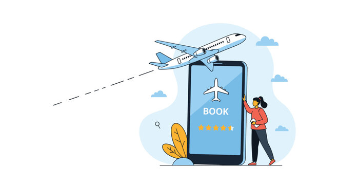 Online flight booking through a mobile application showing an airplane taking off and a woman interacting with a smartphone.