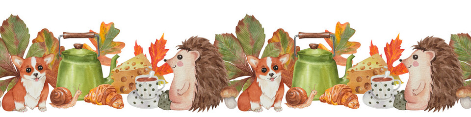 Watercolor seamless border with cute hedgehog, snail, tea, dog and leaves © Sweet