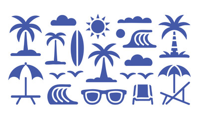 Obraz premium Tropical seaside vector icons set with ocean wave palm trees and beach objects isolated on white background.