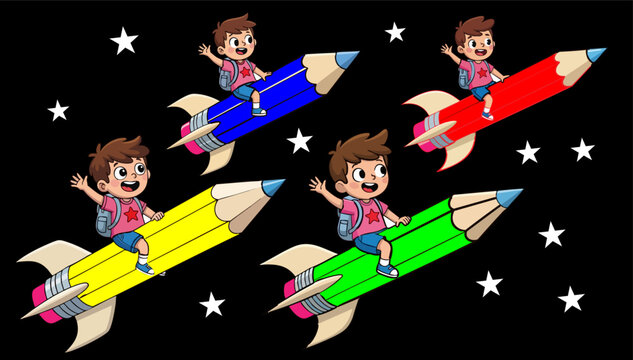 Cartoon school boy riding pencil rocket ships in space, creative education concept with colorful pencils, back to school vector illustration