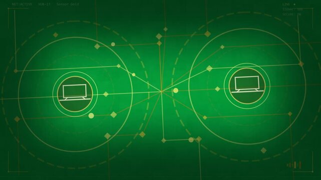 Nodes handshaking sending gold traces linking laptops within rings forming tech hub on transparent