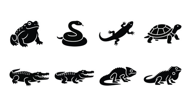A collection of reptile and amphibian icons displayed in solid black creating a striking visual silhouette high quality professional detailed modern