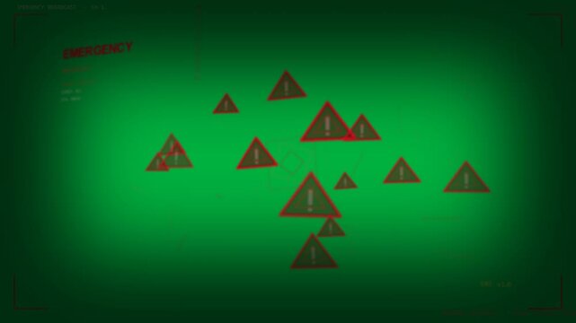 EMERGENCY HUD activating red icons growing orange diamond locking scan line sweeping on transparent