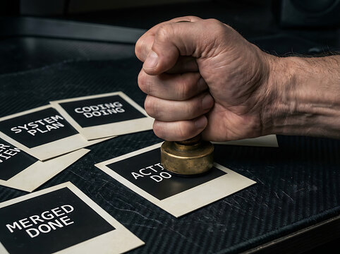 Hand pressing a brass stamp onto an 'ACT DONE' card, symbolizing the successful completion and approval of a project task within a structured workflow