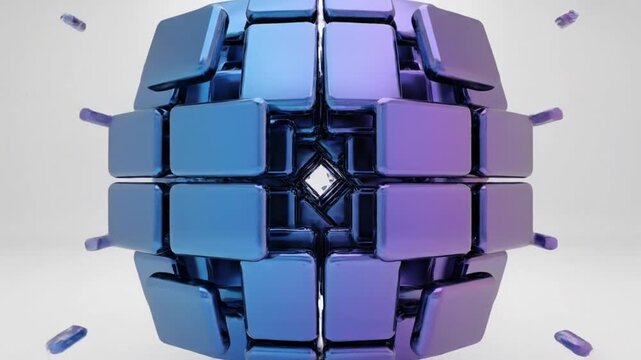 Abstract floating blue and purple translucent cubes on white background