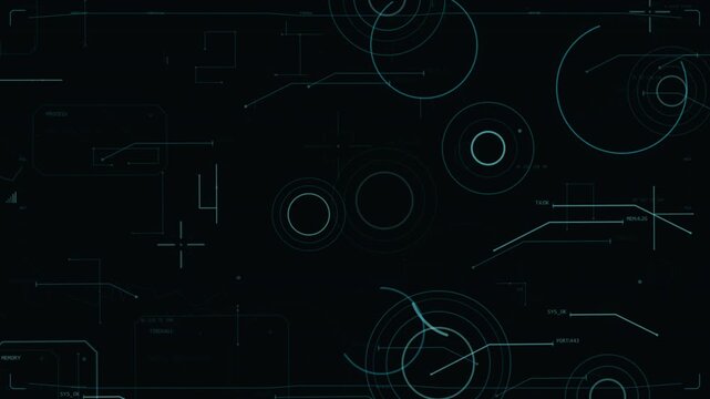 Circuit traces initiating HUD rotating rings arcs needle pulsing scanning on transparent canvas