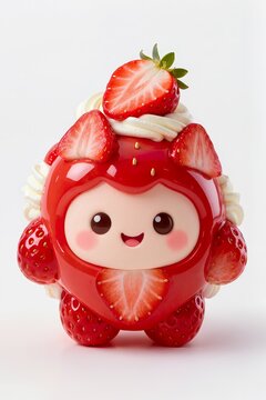 Cute strawberry cake character, smiling face, glossy dessert toy, white background