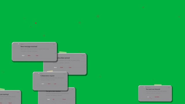 Alerts popping up, gray cards stacking then drifting off, revealing red marks on transparent bg
