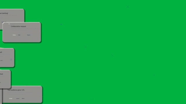 Left tab opening cards sliding stacking receding as alerts while blue glyphs on transparent bg