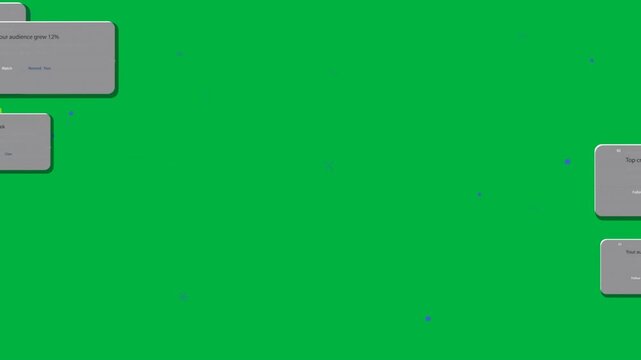 On start notification cards sliding in, blue marks drifting on transparent canvas to showcase UI