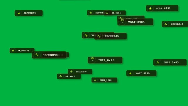 Incoming telemetry spawning neon-green HUD tags sliding down updating values clustering for debug