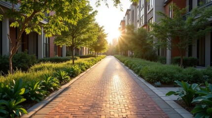 Obraz premium A serene brick pathway lined with greenery and modern buildings, bathed in warm sunlight during sunrise or sunset.