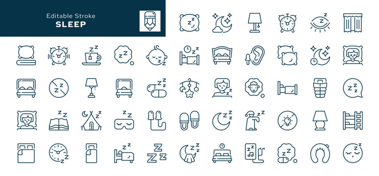 Sleep. Set of outline icons. Sleeping person, sleep, night rest, bed, pillow, sleeping pills, earplugs, moon, lullaby, bedtime story and more. Line icon in linear style. Vector collection	