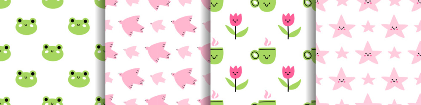 Vector cute seamless pattern set with smiling frog, flying pink dove bird, happy tulip flower, star character on white background. Playful print collection for kids fabric, gift wrapping, wallpaper.